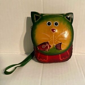 Pre-Owned Wristlet Cat With Fish In Mouth Change Purse Pouch Leather